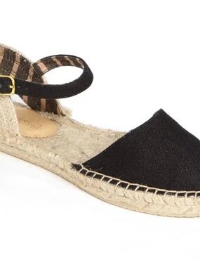 Sperry Topsider Hope Black Linen Espadrille Flat Sandals with Ankle Strap